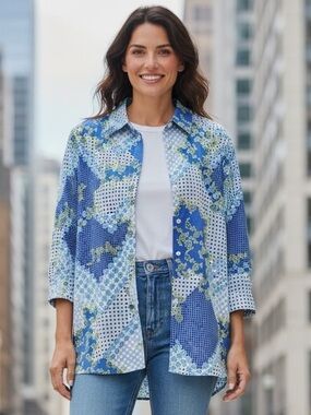 BonWorth Womens Blue White Patchwork Polka Dot Floral 3/4 Sleeve Blouse M 36684